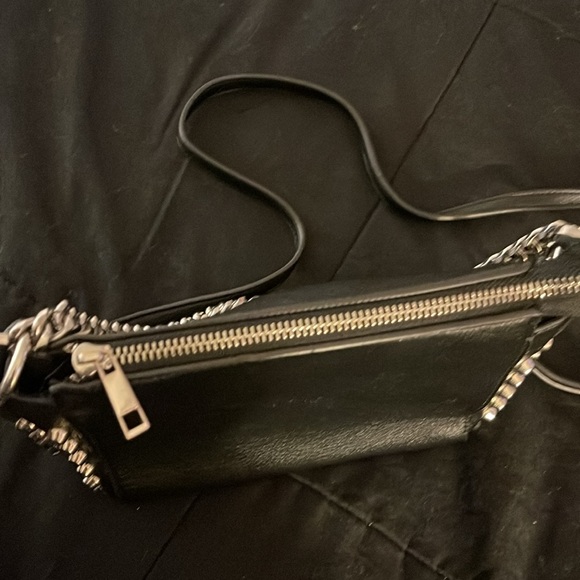 Black w/Silver Studded Crossbody bag Zip Closure Worn 2 Ways Short Chain Handle - Picture 10 of 10